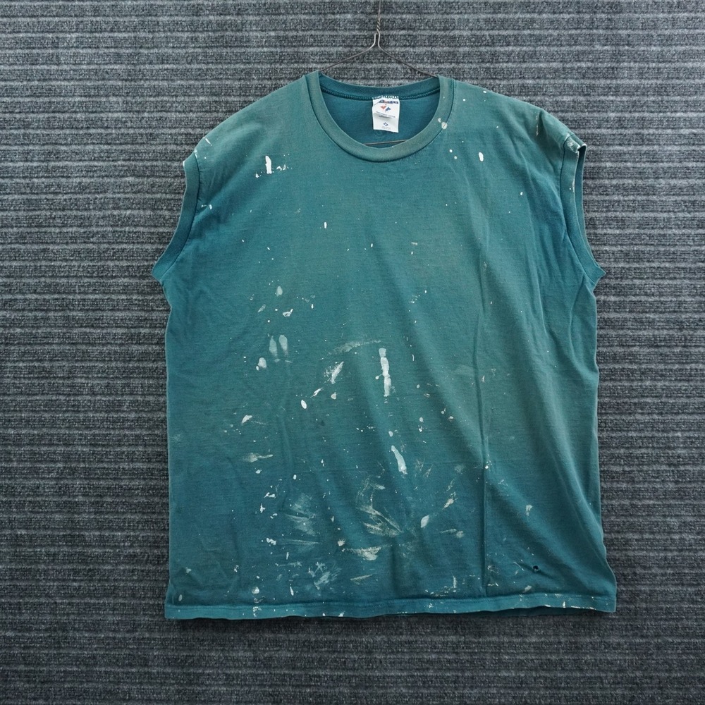 Jerzees Muscle Tee Mens XL Teal Vintage 90s Paint Splatter Distressed USA Made